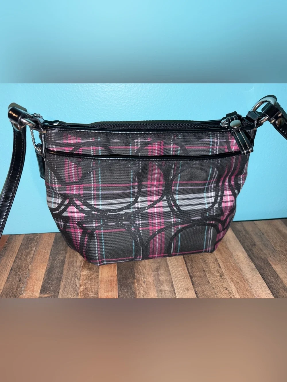 Coach Poppy Tartan Black Plaid Mini Crossbody with Pink & Teal Accents